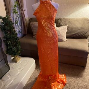 Stunning Orange Sequin Designer Gown.🧡